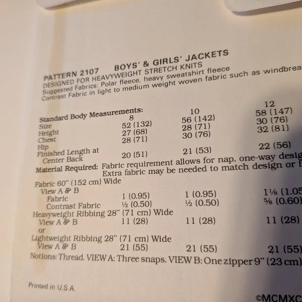 Kwik Sew 2107 Child Jacket/Coat UNCUT size 8-14 sewing pattern Boy or Girl